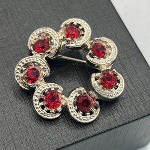 VTG 1980's Crystal Brooch Ruby Red Silver Costume Jewelry Pin 1.25"